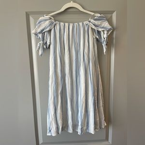 Blue and white striped off the shoulder shift dress